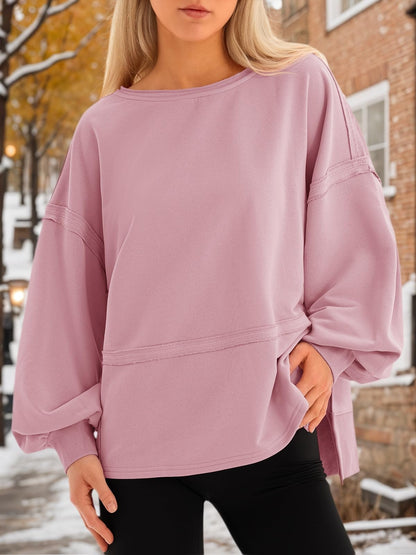 Fisoew Womens Casual Crewneck Sweatshirts Lantern Long Sleeve Side Slit Loose Sweatshirt Fall Crop Pullover Tops
