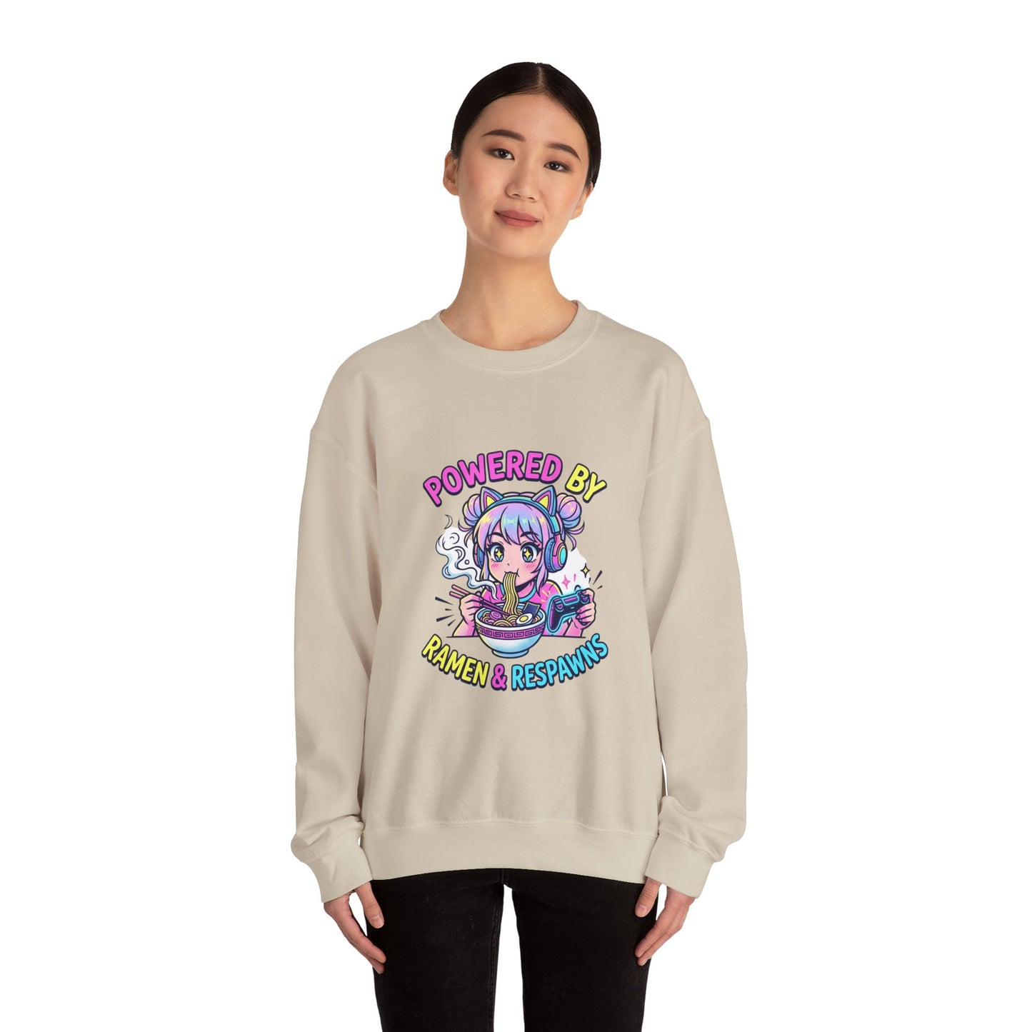 Crewneck Sweatshirt — "Powered by Ramen & Respawns" Cute Anime Gamer Graphic