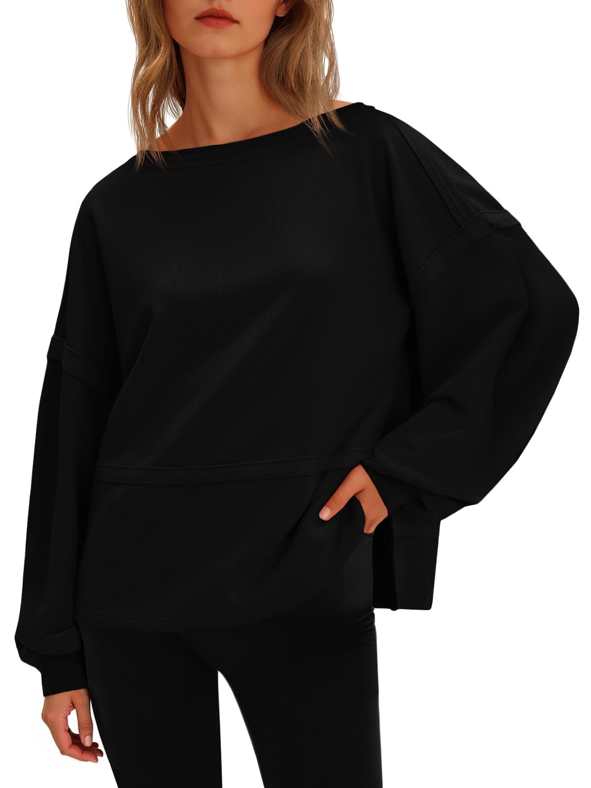 Fisoew Womens Casual Crewneck Sweatshirts Lantern Long Sleeve Side Slit Loose Sweatshirt Fall Crop Pullover Tops