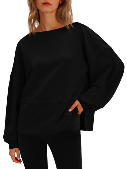 Fisoew Womens Casual Crewneck Sweatshirts Lantern Long Sleeve Side Slit Loose Sweatshirt Fall Crop Pullover Tops