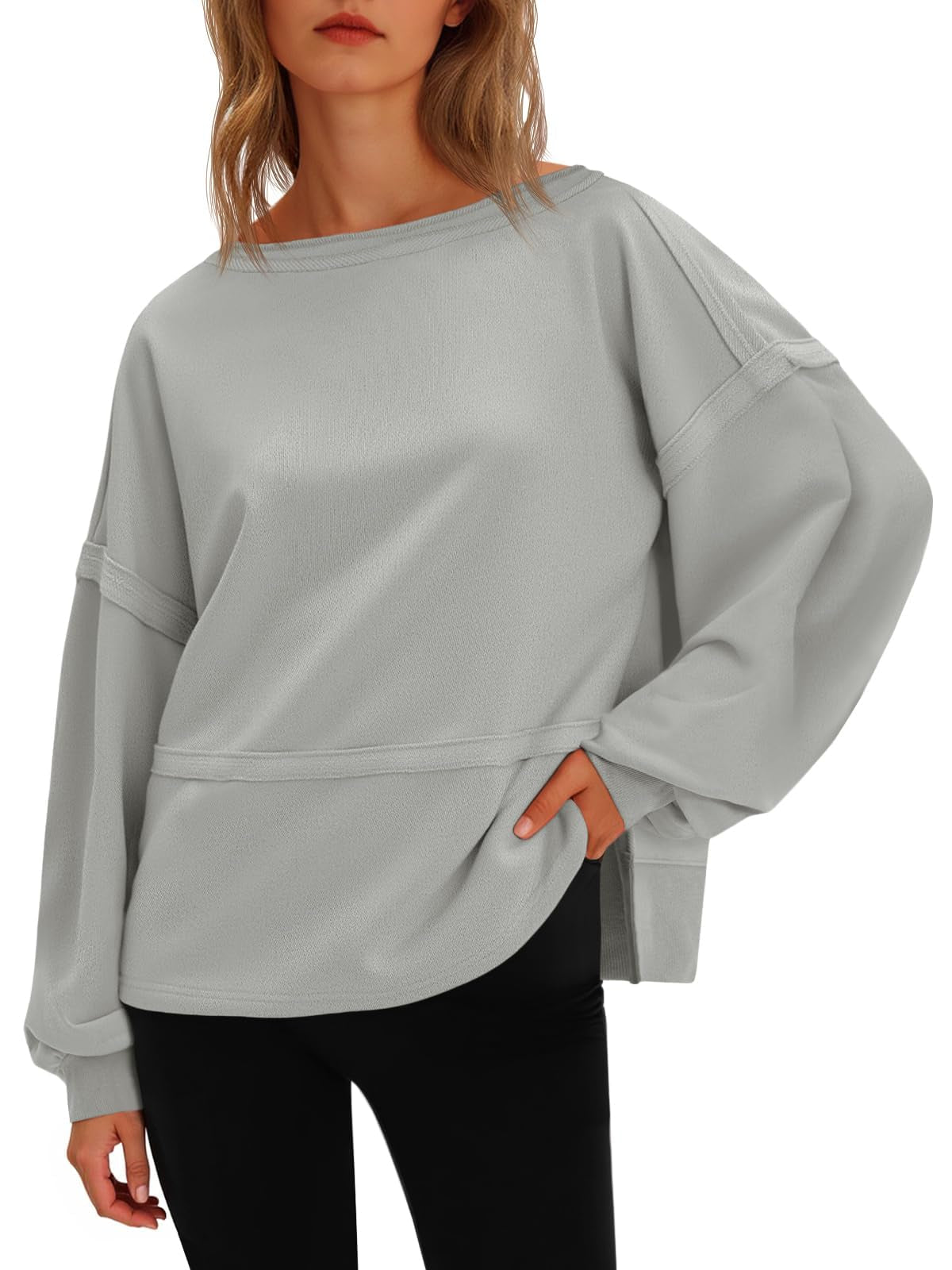 Fisoew Womens Casual Crewneck Sweatshirts Lantern Long Sleeve Side Slit Loose Sweatshirt Fall Crop Pullover Tops